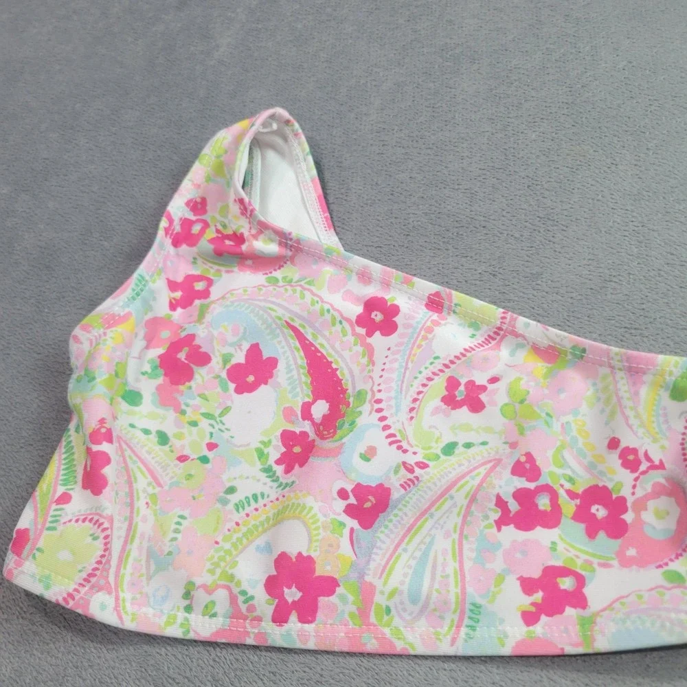 Crown & Ivy Swim Tops Girls Size 5 Pink Green Paisley Striped‎ One Shoulder 2pc